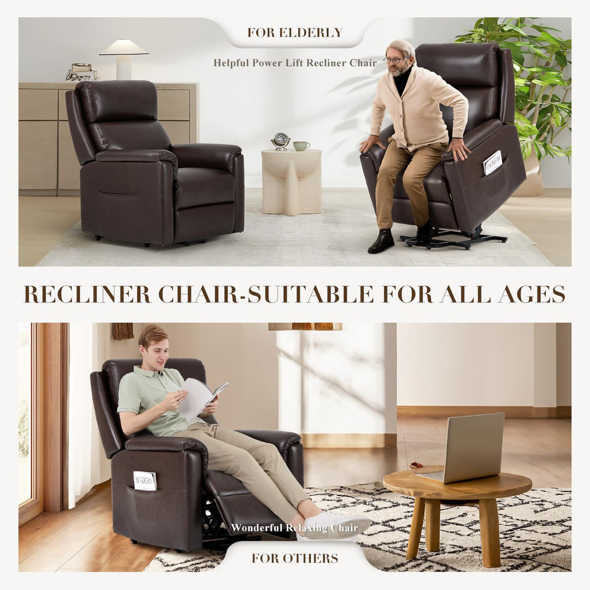 Power Lift Recliner Chair for Elderly-Electric Leather Lift Chair Remote Control, Ergonomic Recliner Chair with Side Pocket, Spacious Seat-Chocolate COLAMY