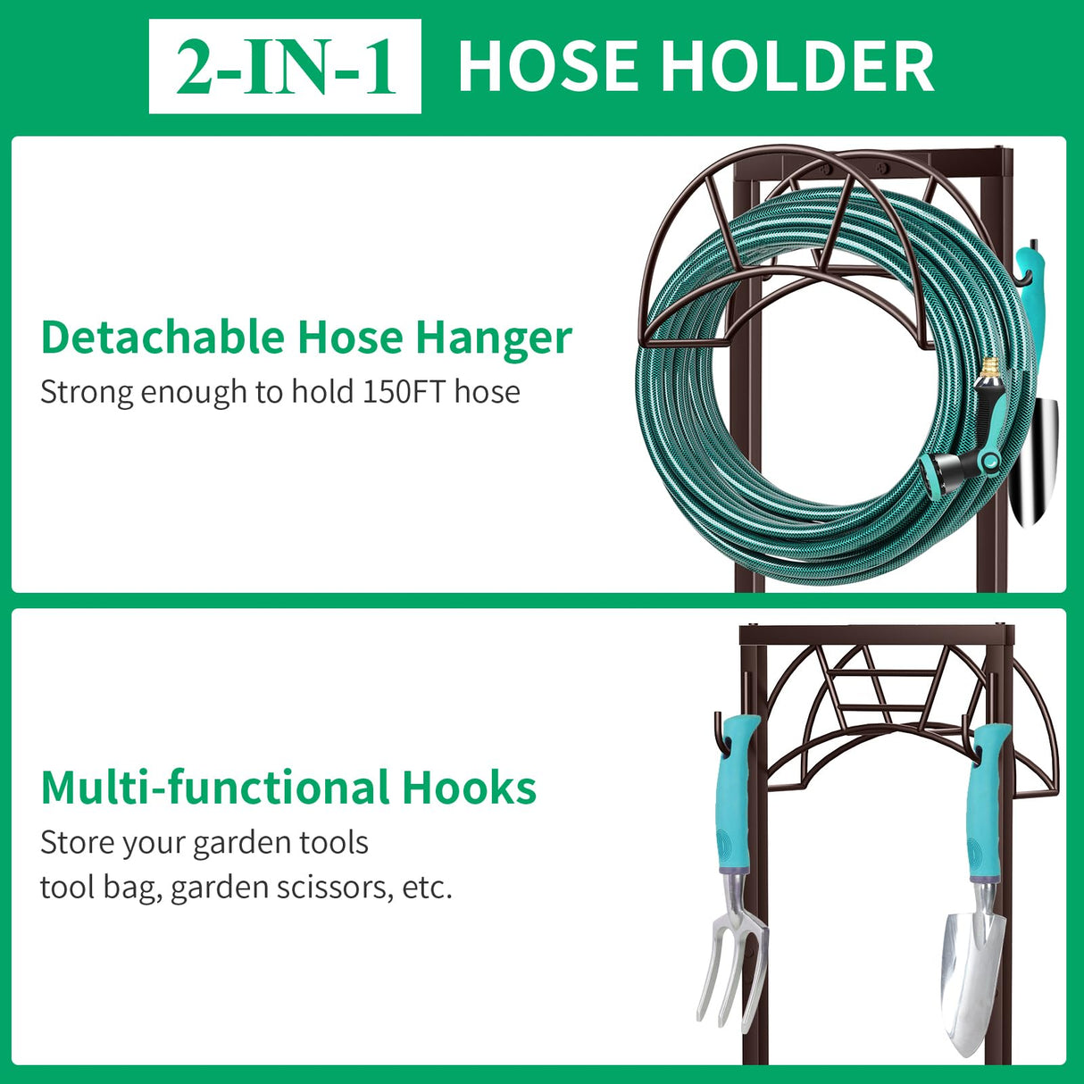 TomCare Garden Hose Holder Upgraded 4 Spikes Water Hose Holder with 2 Tool Hooks Sturdy Hose Reel Holds 150ft Hose Freestanding Hose Stand Hose Hanger Hose Storage for Outside Yard Lawn, Bronze TomCare