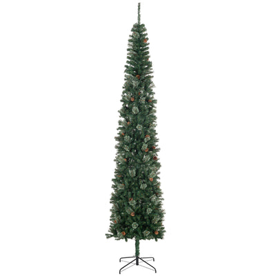 HOMCOM 9.5 Foot Pencil Artificial Christmas Tree, Slim Pine Needles Xmas Tree with Realistic Branches, Pine Cones, Metal Base, Green