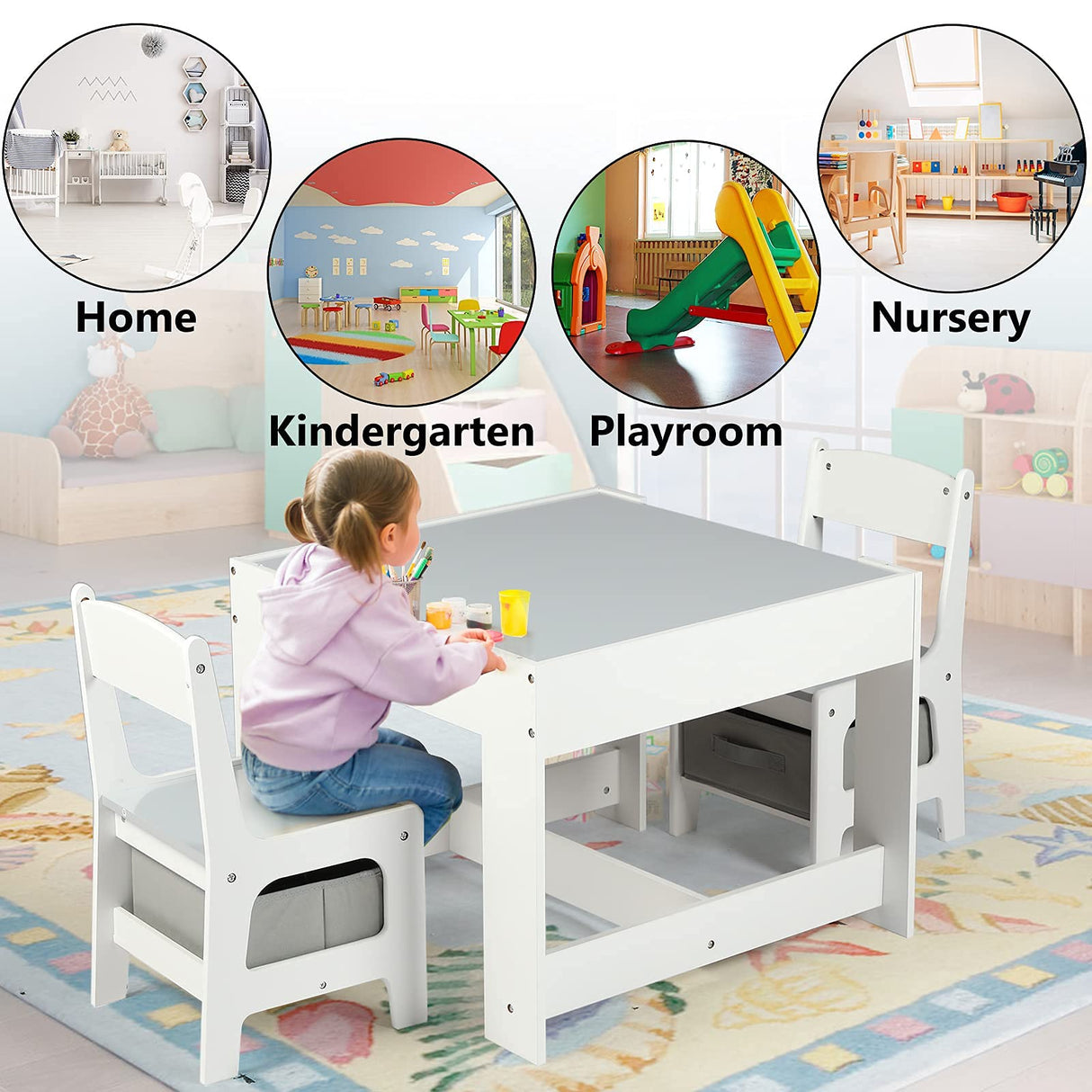 Kinder King Kids Wood Table & 2 Chairs Set, 3 in 1 Children Activity Table w/Storage, Removable Tabletop, Blackboard, 3-Piece Toddler Furniture Set for Art, Crafts, Drawing, Reading, Playroom, Grey Kinder King
