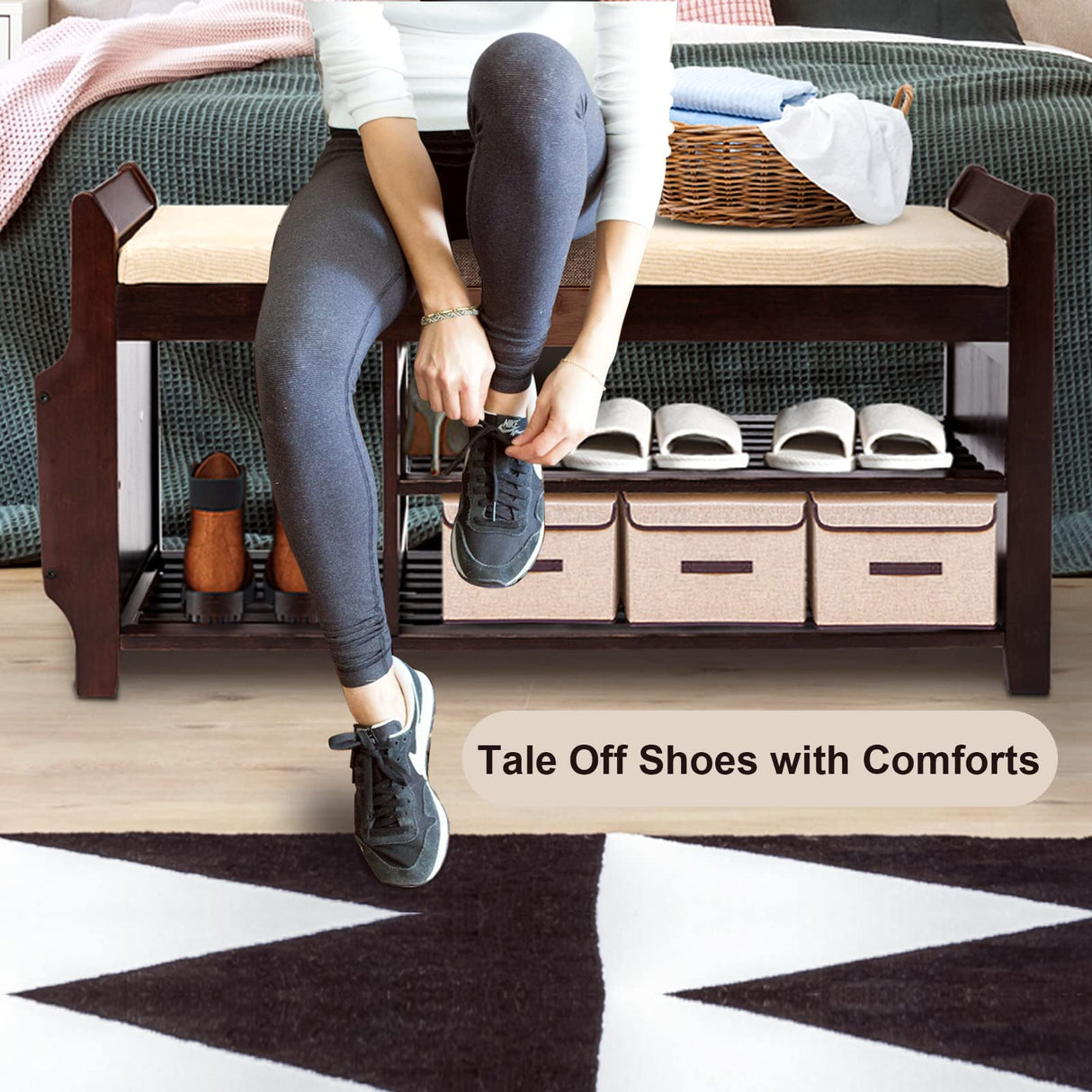 Nnewvante Large Shoe Bench Rack Shoe Organizer with Storage Side Basket Drawer Bamboo Removable Padded Cushion Seat for Entryway Hallway Living Room Bathroom-37.4in Nnewvante