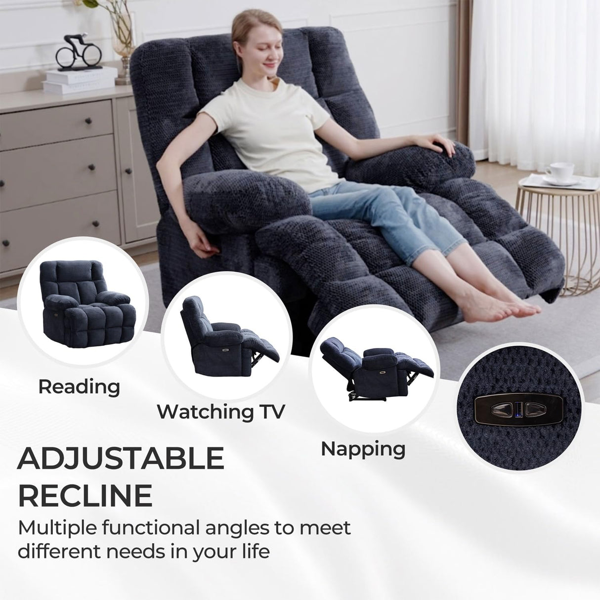 Oversized Power Zero Gravity Recliner Chairs for Adults, Electric Reclining 0 Gravity Chair for Big Man,Soft Fabric Overstuffed Single Recliners with USB Charger Port for Living Room, Blue Comfort Stretch