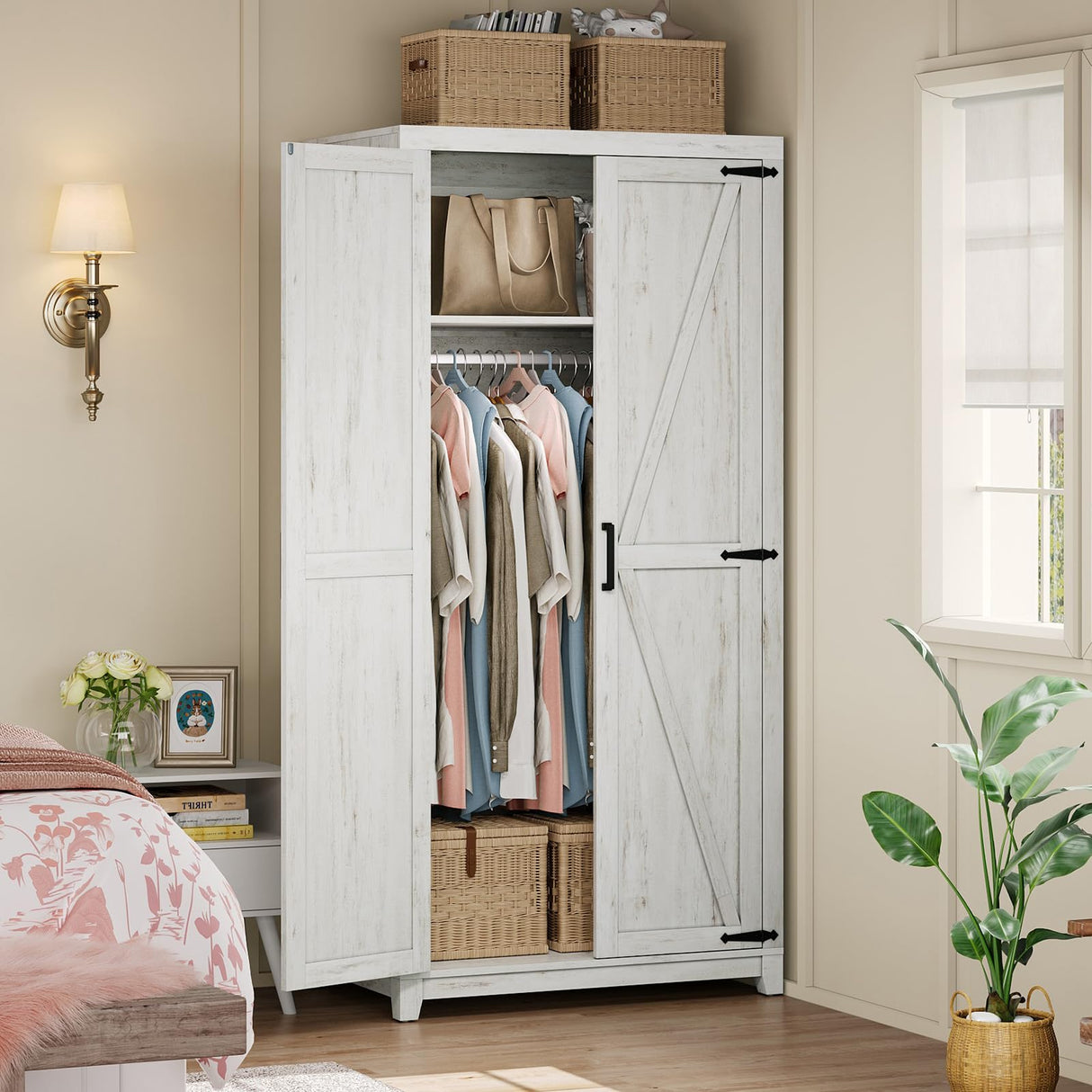 AMERLIFE Farmhouse Armoire Wardrobe Closet with 2 Barn Doors, 71'' Storage Cabinet with Hanging Rod & Shelf, Versatile Clothing Storage for Bedroom, Distressed White AMERLIFE