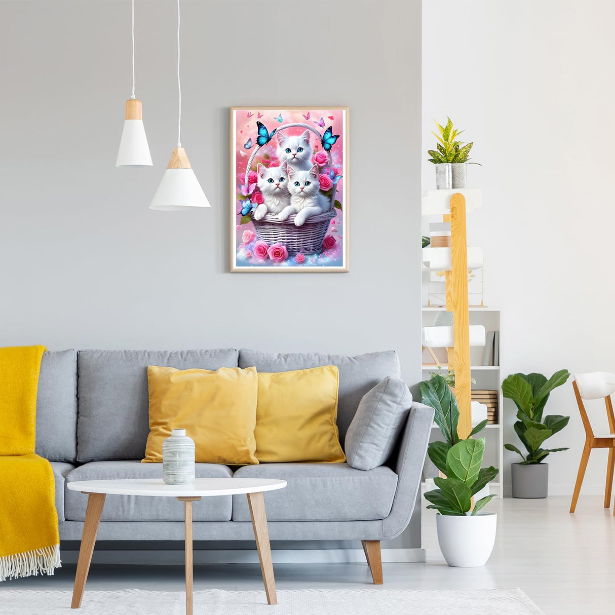 GDYEEH DIY 5D White Kitten Diamond Art Kits, Round Full Drill Butterfly Cat Diamond Painting Picture, Flower Basket Painting by Numbers Art Kits for Adults Beginners Home Wall Decor 12x16 inch GDYEEH