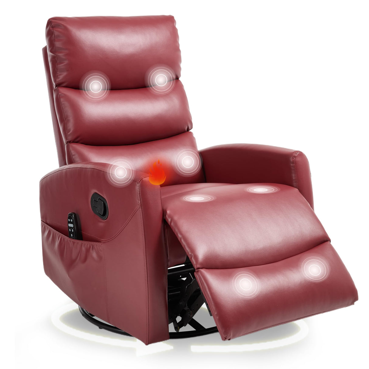 cinkehome Small Swivel Rocker Recliner Chair with Heated Massage, Upholstered Nursery Glider Recliner Chair, High Back, Side Pocket (Red PU Leather) cinkehome