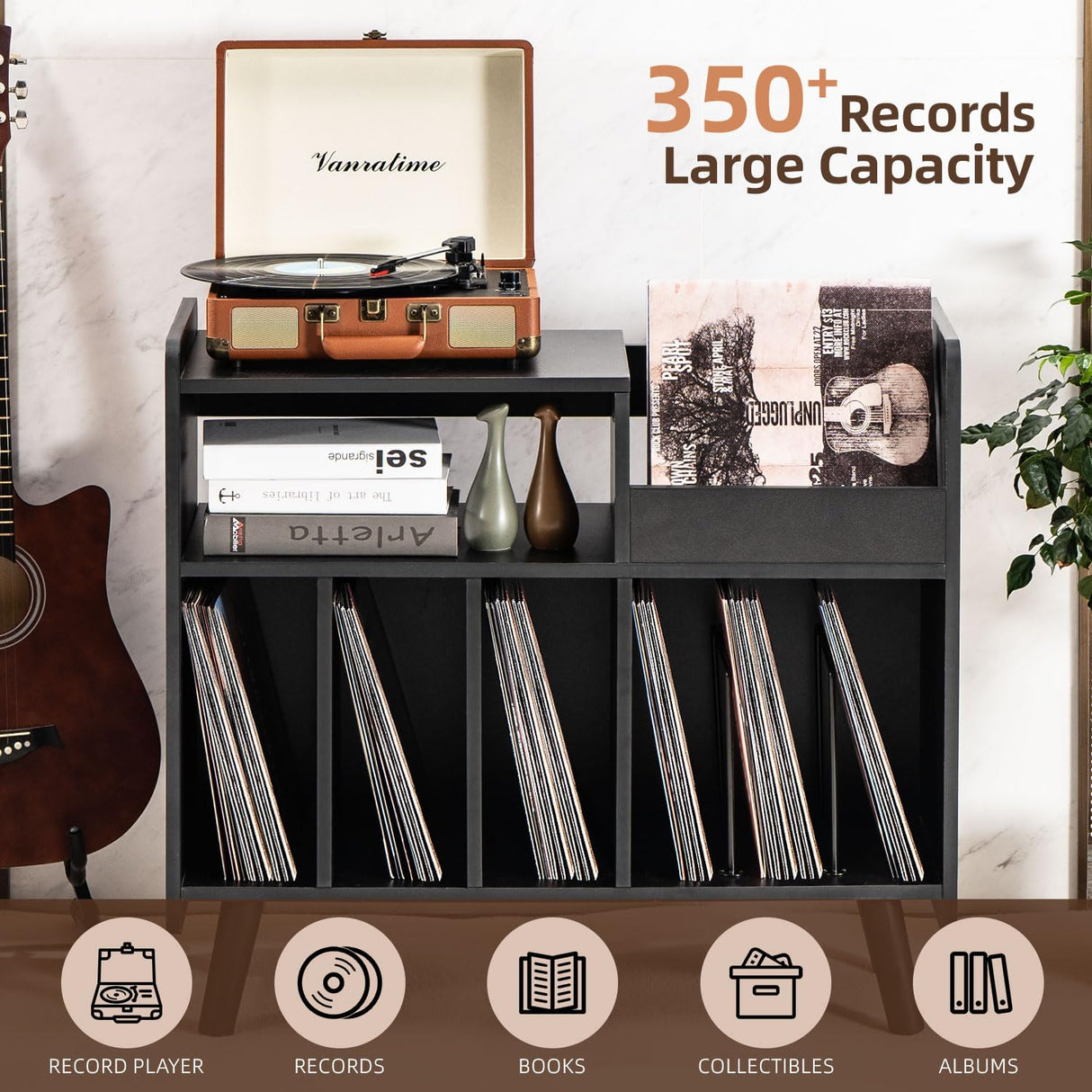 UODERS Record Player Stand, Large Record Player Table Cabinet with Open Vinyl Storage and Display Shelf Holds up to 350 Albums, Mid Century Wood Turntable for Living Room, Bedroom UODERS