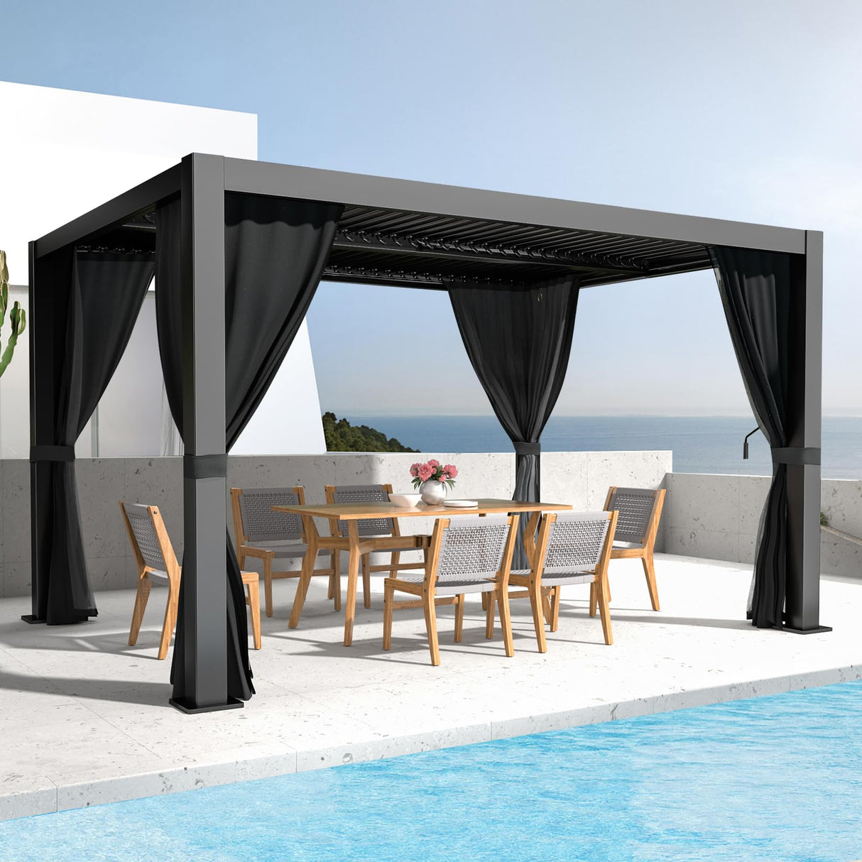 LVUYOYO Louvered Pergola 10' x 13', Outdoor Pergola with Adjustable Roof, Aluminum Frame Pergola with Curtains and Netting, Hardtop Metal Gazebo for Patio, Backyard, Garden, Deck (Black) LVUYOYO
