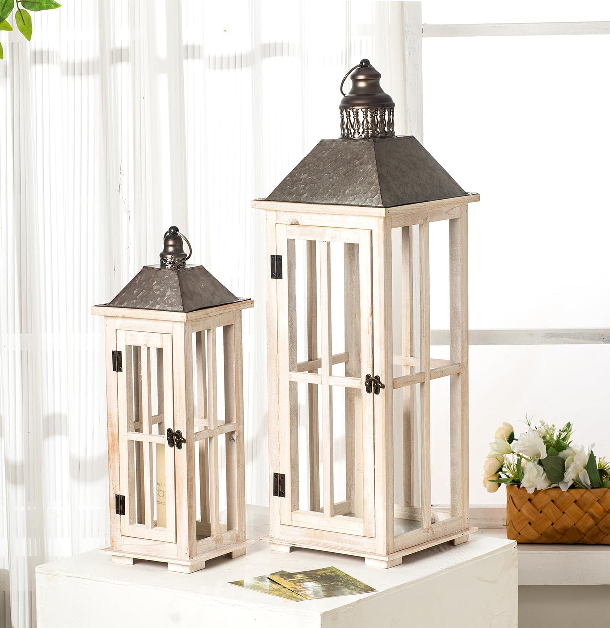 TIMRIS Large Rustic Wooden Decorative Lantern Set of 2, Modern Farmhouse Distressed Whitewash Floor Candle Lanterns, Indoor/Outdoor Hanging Lanterns for Home Decor (No Glass) TIMRIS