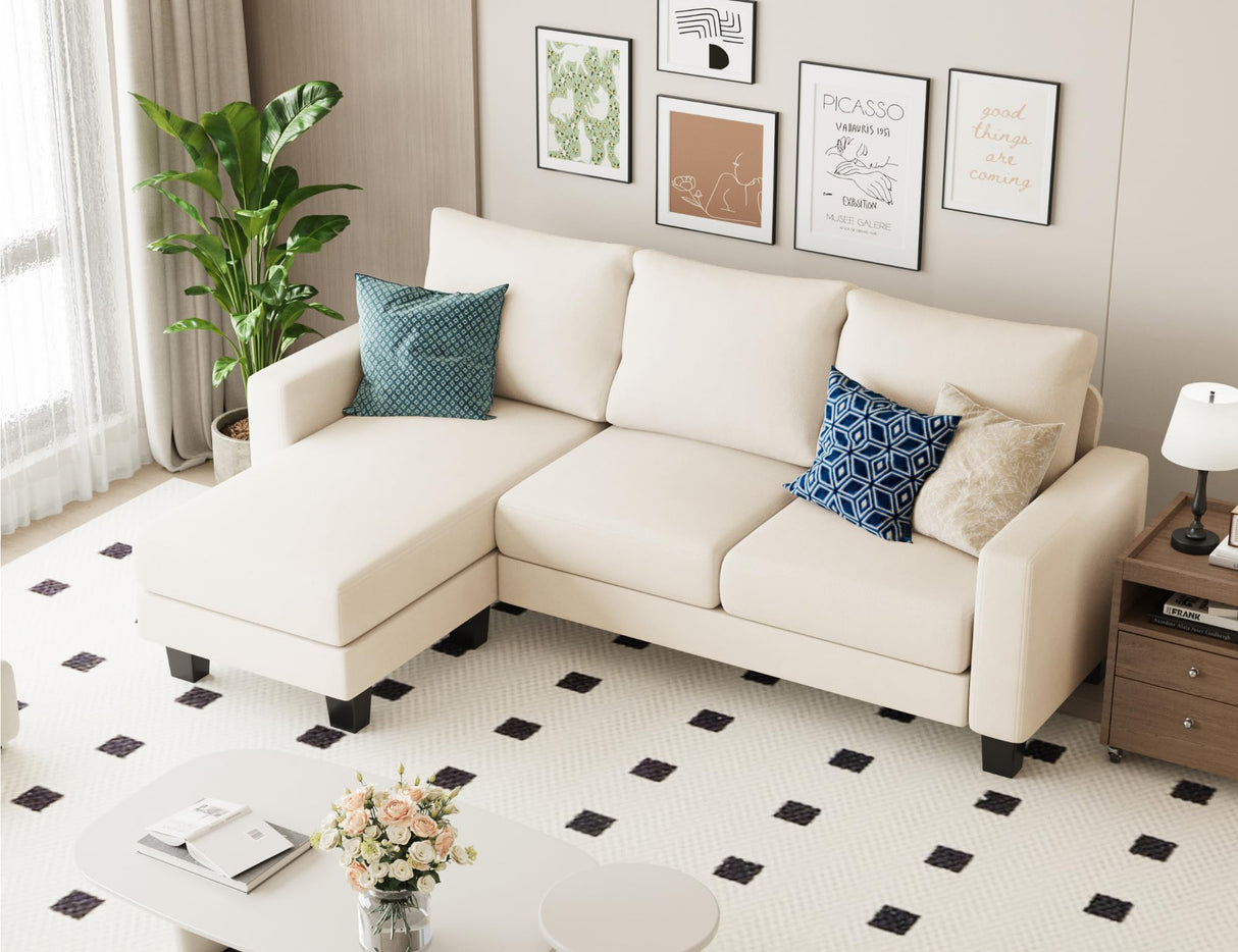 Homall Sofa for Living Room, Couch with Convertible Chaise, 3 Seat L-Shaped Sofas, Comfy Fabric Couches for Apartment, Small Space, White Homall