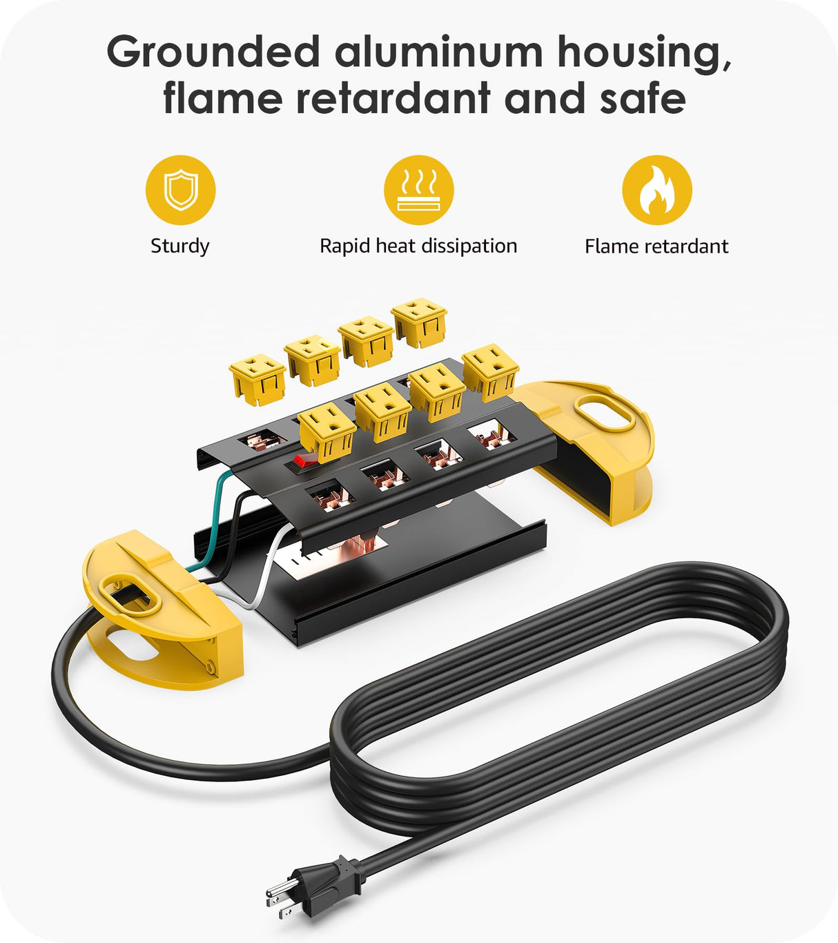 CCCEI Heavy Duty Power Strip Surge Protector, Metal 8 Outlets Power Strip for Appliance. Garage Shop Industrial Workbench 15 AMP Outlets Strip. 6FT Extension Cord, Yellow CCCEI