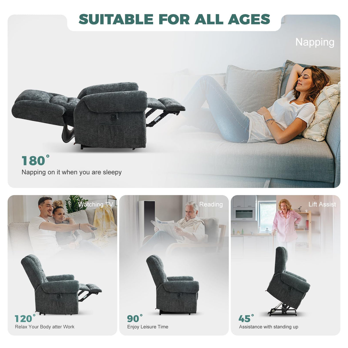 HUSFU Power Lift Recliner Chair for Elderly, Dual Motor Lift Chair with Heat and Massage,Lay Flat Lift Chair Infinite Position Sleeping Chair w/USB Ports and Remote Control,Chenille,Grey Blue HUSFU