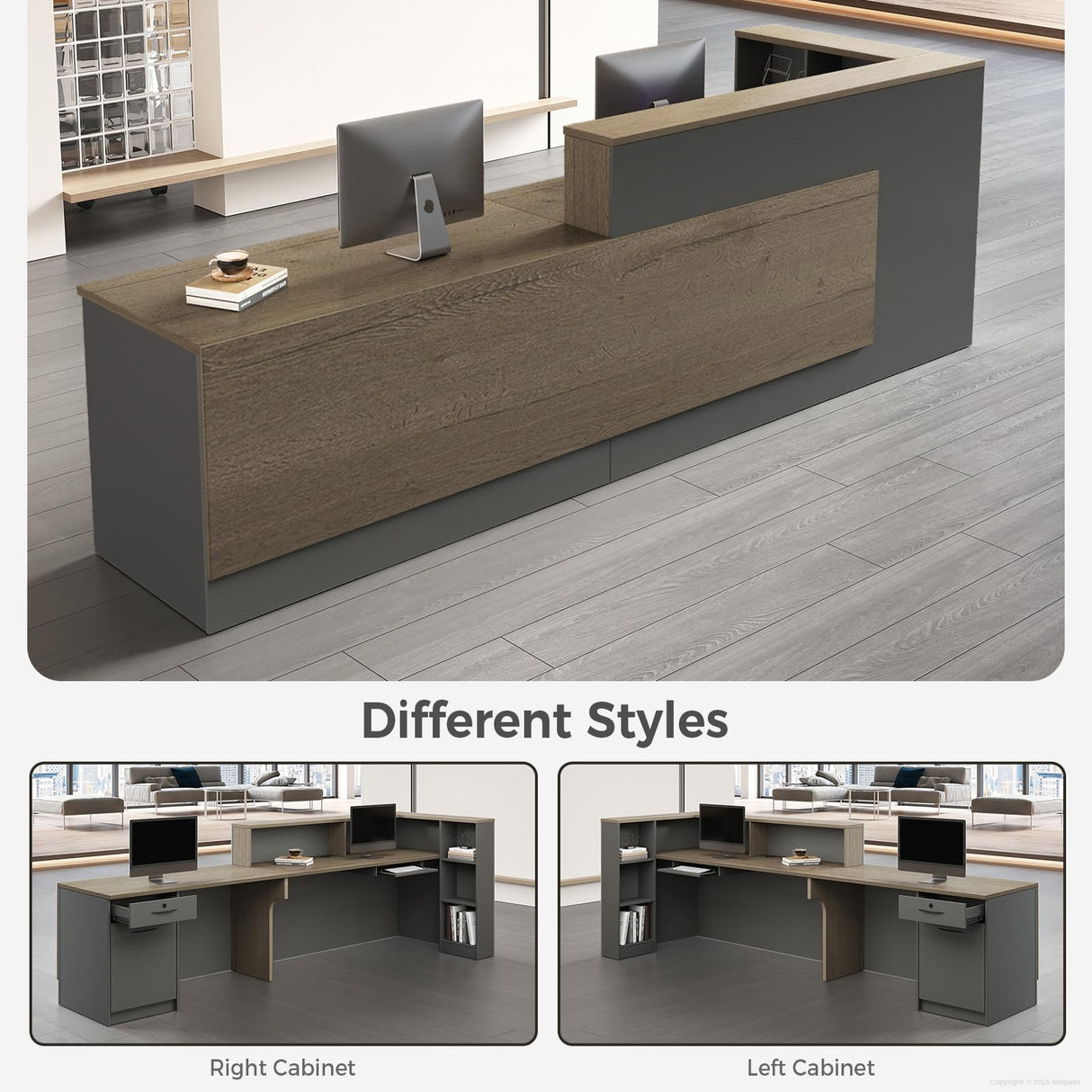 Nuipesn Modern L Shape Reception Desk with Counter – Front Desk Reception Counter with Drawers, Keyboard Tray & Shelves for Office, Salon, Retail, Lobby (Tobacco wood+Iron Gray/Left, 71"L*24"W*41"H) Nuipesn