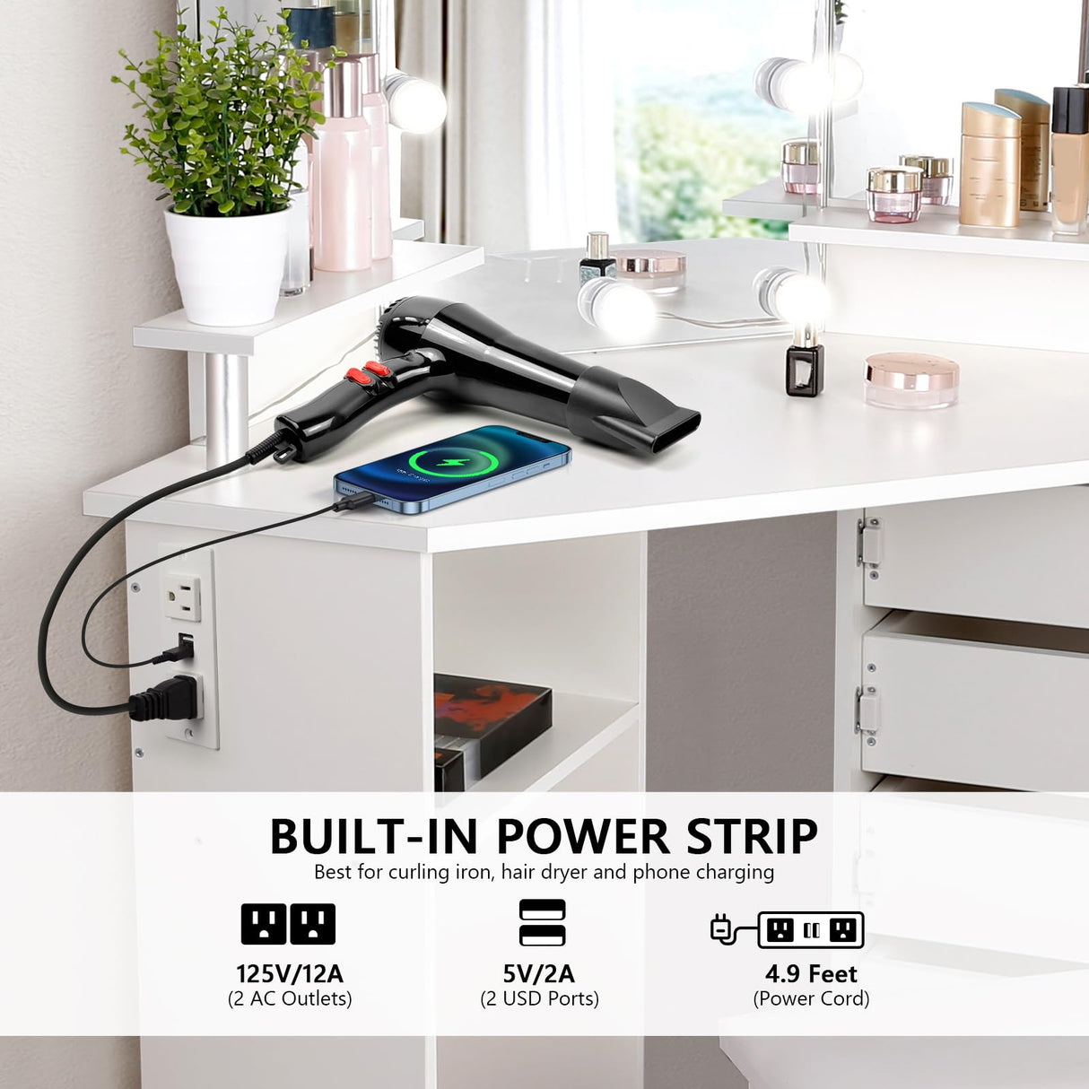 VOWNER Vanity with Lights - Makeup Vanity Desk with Power Outlet, 3 Color Lighting Options Brightness Adjustable, Vanity Table with 5 Rotating Drawers, Shelves and Stool for Bedroom, White VOWNER