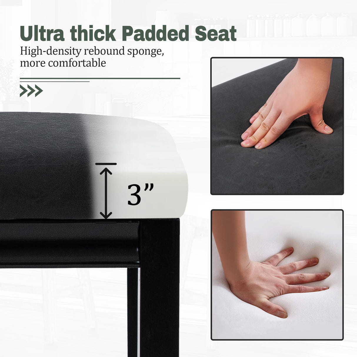 RNKSFX Counter Height Black Bar Stools Set of 3 for Kitchen Counter Farmhouse Modern Barstools with Faux Leather Upholstered Backless Seat and Solid Wood Legs 24 inch Bar Chairs RNKSFX