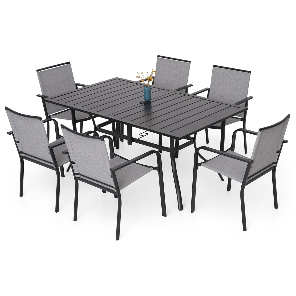 Nixtopia 7 Piece Outdoor Patio Dining Set for 6 Person with Gray Sling Back Stackable Chairs and 63" x 38" Rectangle Table Nixtopia