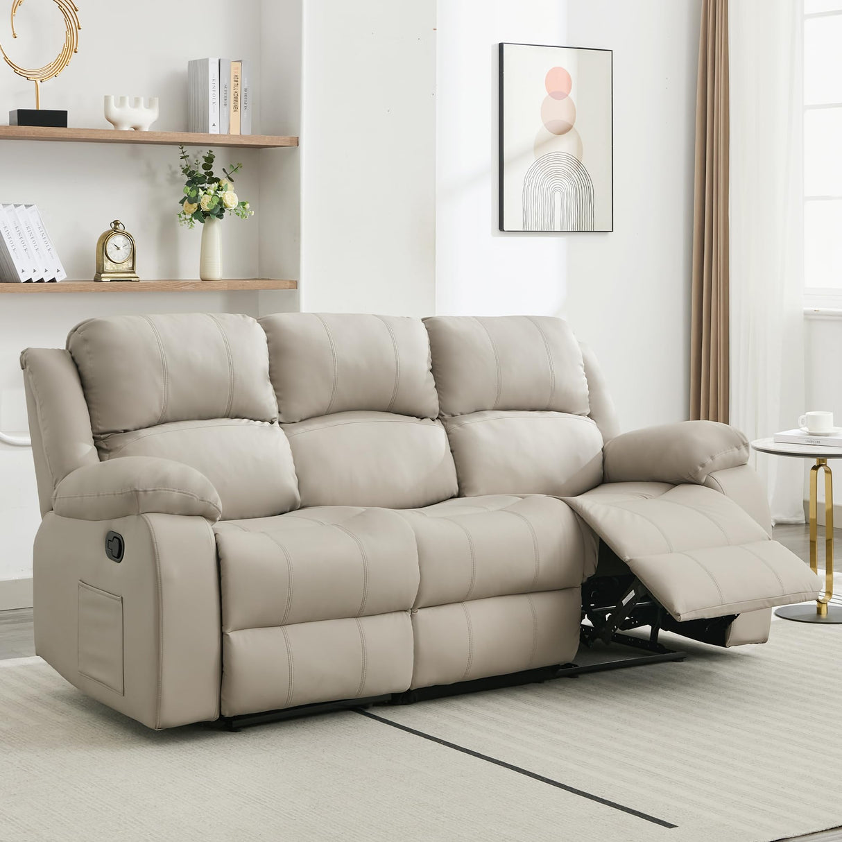 GNMLP2020 Reclining Loveseat Sofa Leather Recliner Sofa 3 Seater Couch for Living Room, Home Theater Seating(3 Seat,Beige) GNMLP2020