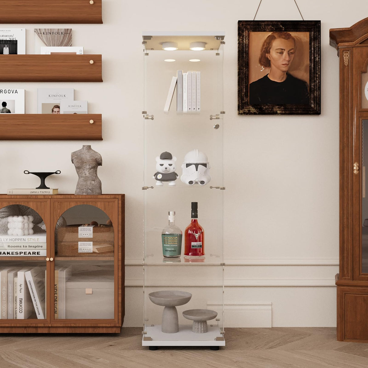 GDJAASJI Glass Display Cabinet with LED Light and Lock, 4-Shelf Curio Cabinets with 5mm Tempered Glass Floor Standing Bookshelf (64" Hx 16.7" W x 14.3" D, White) GDJAASJI