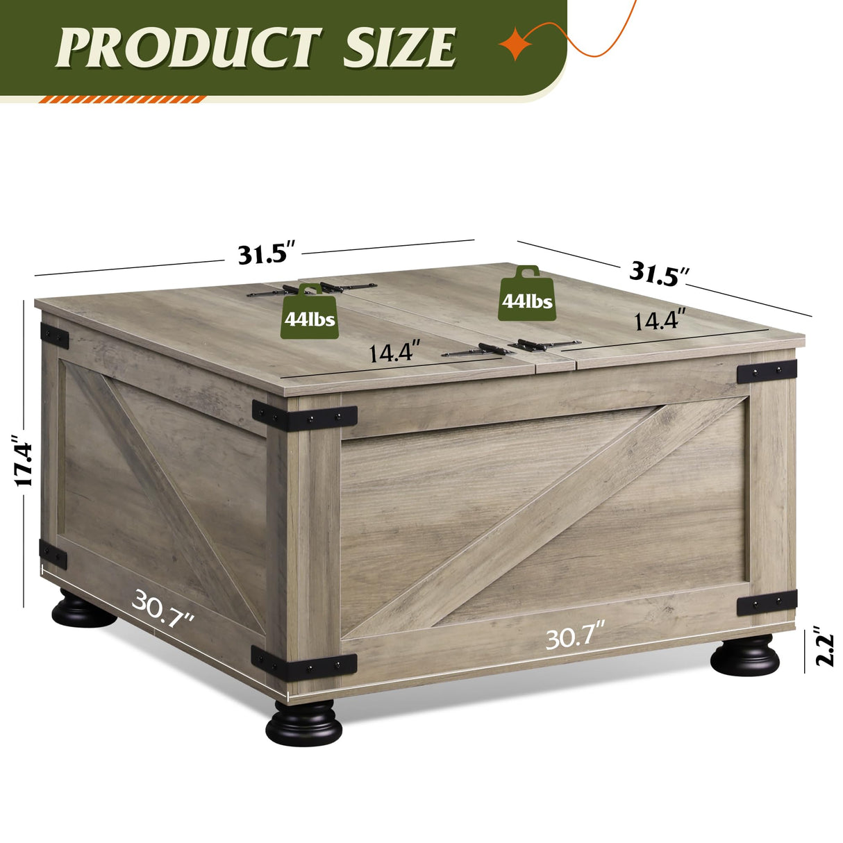 WLIVE Coffee Table, Farmhouse Flip Top Coffee Table with Storage, Square Center Table for Living Room, Bedroom and Office, Grey Oak WLIVE