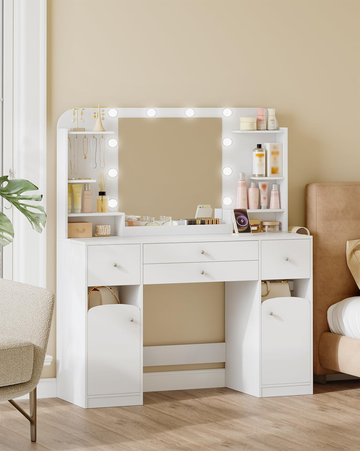 HEXCELEN 42.5" Large Vanity Desk,Dressing Table with Mirror and LED Light, Power Strip, 4 Drawers, 2 Open Storage Cabinets, and Jewelry Storage for Bedrooms, White HEXCELEN
