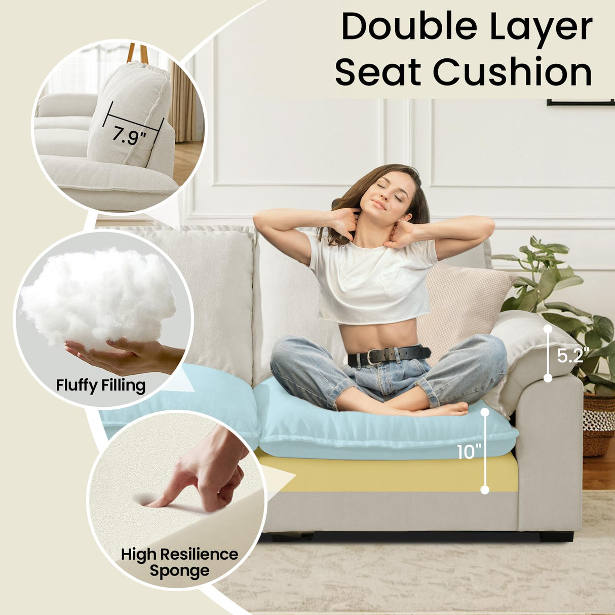 HALLYBEE Modular Sectional Sofa Deep Seat Cloud Couch with Reversible Chaise L Shaped Couch with Padded Armrests Chenille White Sectional Couches for Living Room Apartment Office HALLYBEE
