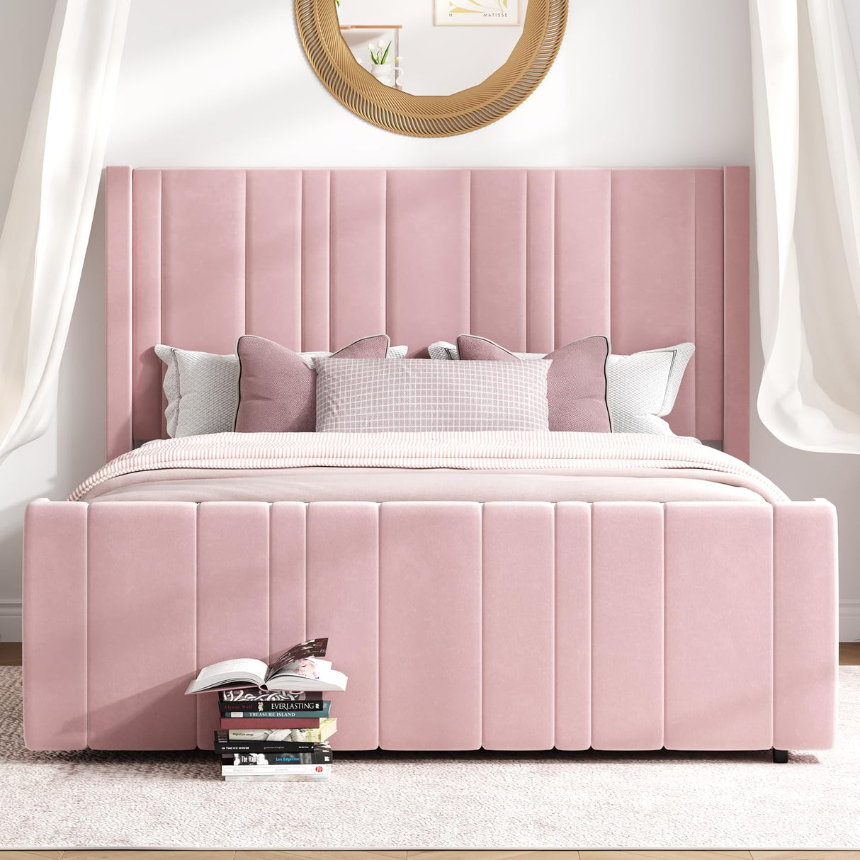 HOMBCK Full Size Bed Frame, Pink Bed Frame Full with Vertical Channel Tufted Headboard, Soft Bed Frame, Velvet Upholstered Bed Frame with 22" Footboard, Mattress Foundation, Easy Assembly, Pink HOMBCK