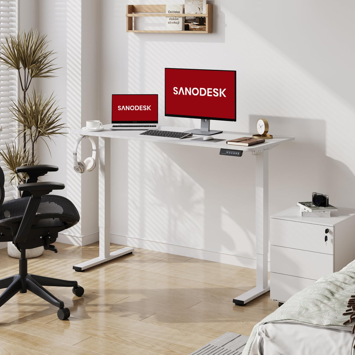 SANODESK Electric Standing Desk 48x24 Inch Height Adjustable Stand Up Desk Home Office Computer Workstation Sit Stand Home Office Desk with Splice Board (White Frame + White Top) SANODESK