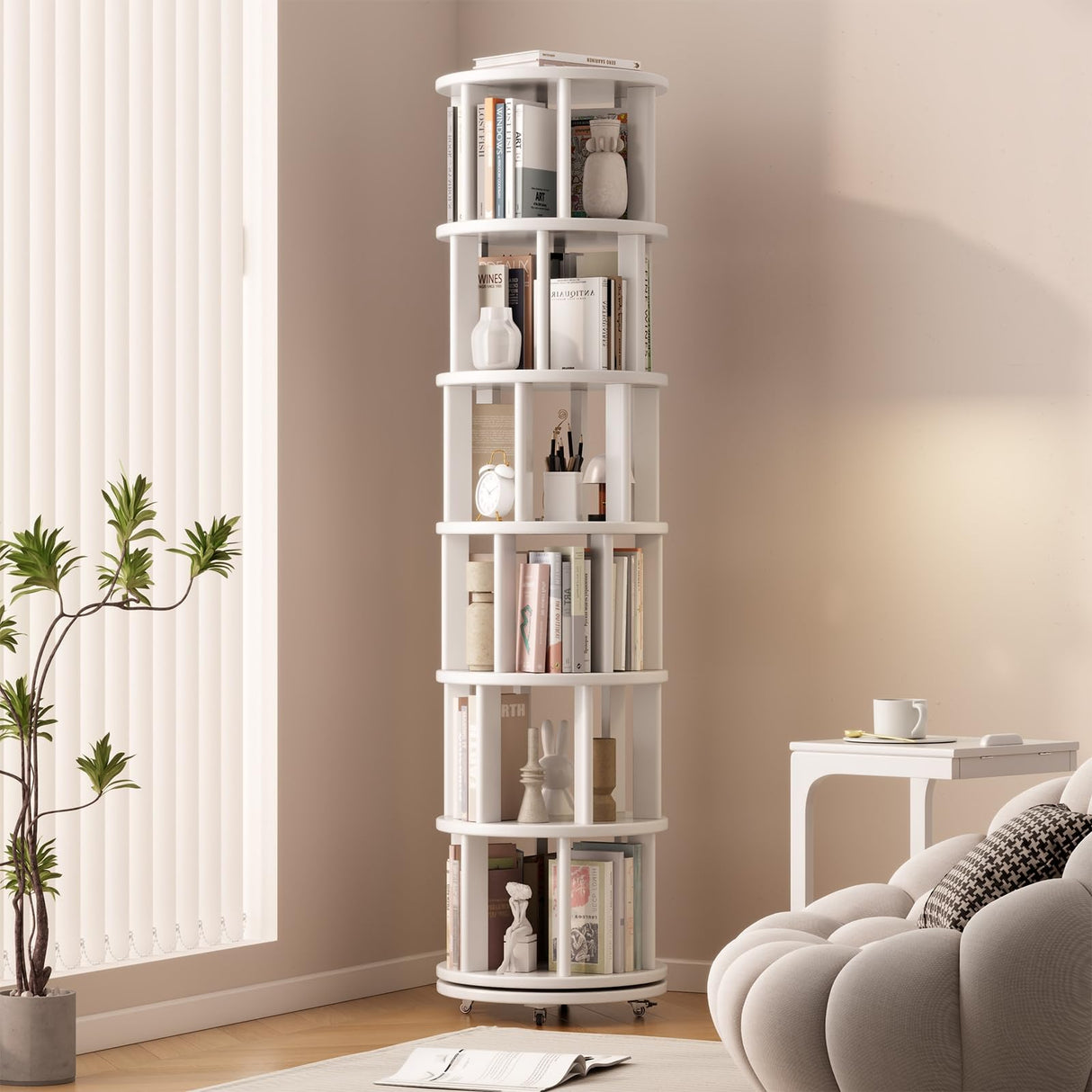 Muwuele Solid Wood Rotating Bookshelf on Wheels, 6 Tier, Round Revolving Bookcase, 360° Spinning Book Shelf Tower for Kids, Narrow Rolling Bookshelves for Small Space, Corner, Bedroom, Office, White Muwuele