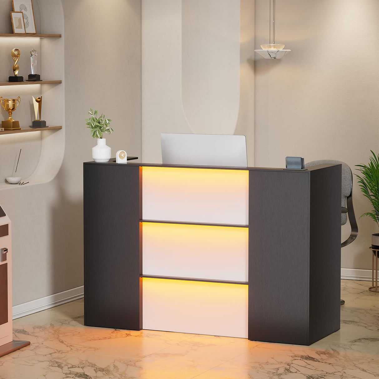 PAKASEPT Modern Reception Desk with LED Lights, 63 Inches Front Counter Table with Lockable Drawer & Shelves, Checkout Counter for Reception Room, Lobby, Beauty Salon, Retail, Office(Black) PAKASEPT