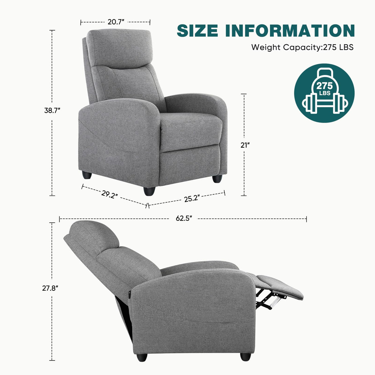 SMUG Recliner Chair Living Room Recliner with Adjustable Backrest and Footrest Modern Design for Home Upholstered Armchair in Soft Fabric, Grey, Linen SMUG