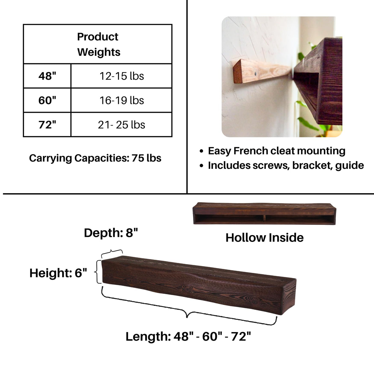 Adorwood Handmade Fireplace Mantel Shelf 48", Rustic Wood Mantles for Over Fireplace, Wall Mounted Floating Mantel Shelves for Living Room Decor (Dark Walnut, 48Lx6Hx8D) Adorwood