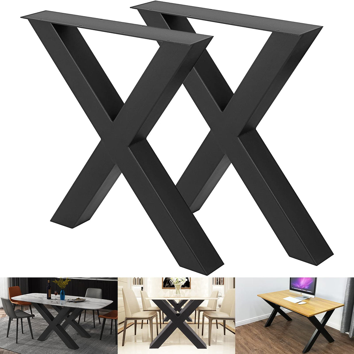 VEVOR Set of 2 Steel Table Legs, 28 Height 31 Wide Dining Table Legs,Heavy Duty 3.1" Square Box Section X Frame Table Legs,28x31x3.1 Inch Black Color Industrial Country Style Metal Dining Legs VEVOR