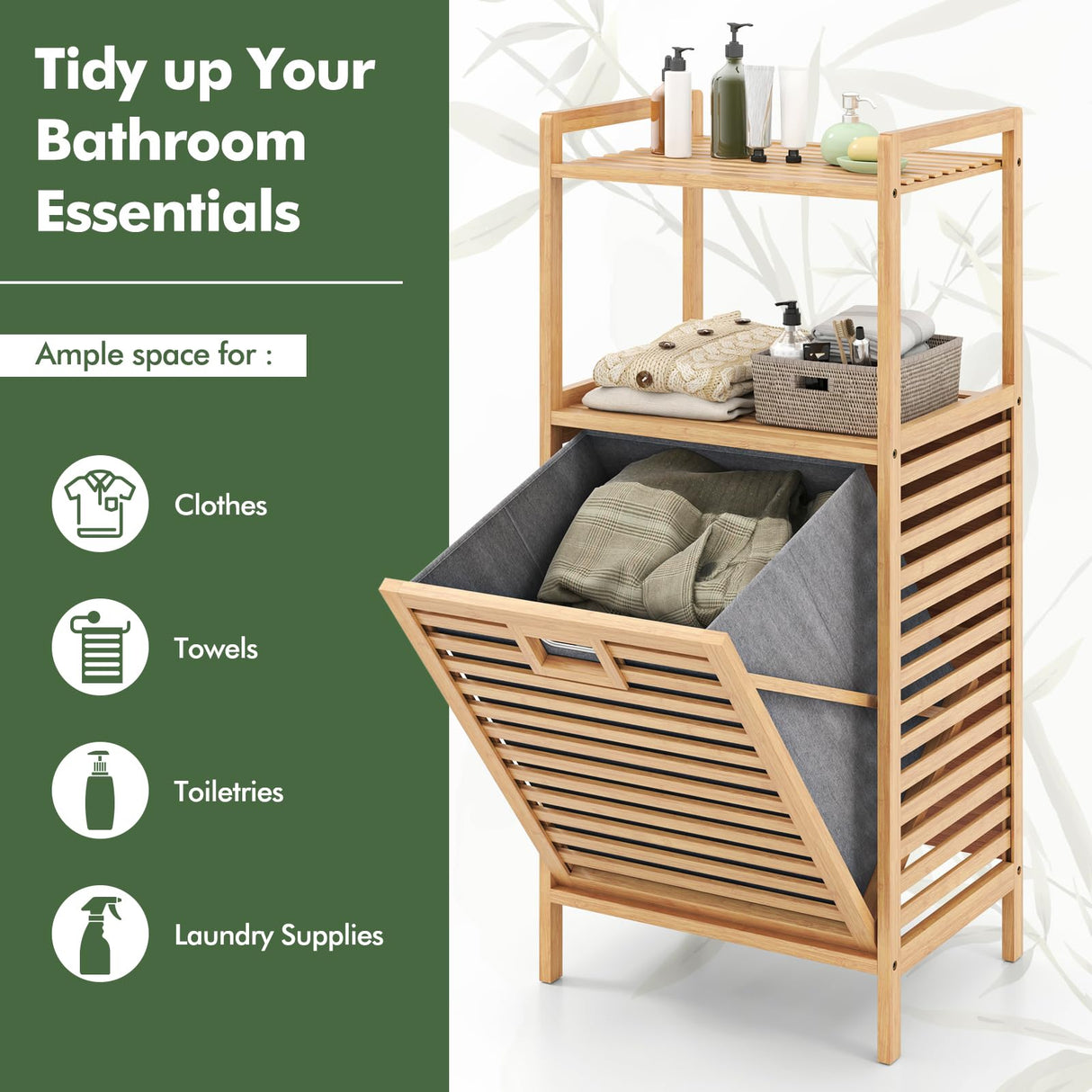 Giantex Tilt Out Laundry Hamper, Bamboo Laundry Storage Cabinet with 2-Tier Storage Shelves, Foldable & Removable Basket, Freestanding Laundry Basket Organizer for Bathroom, Laundry Room, Natural Giantex