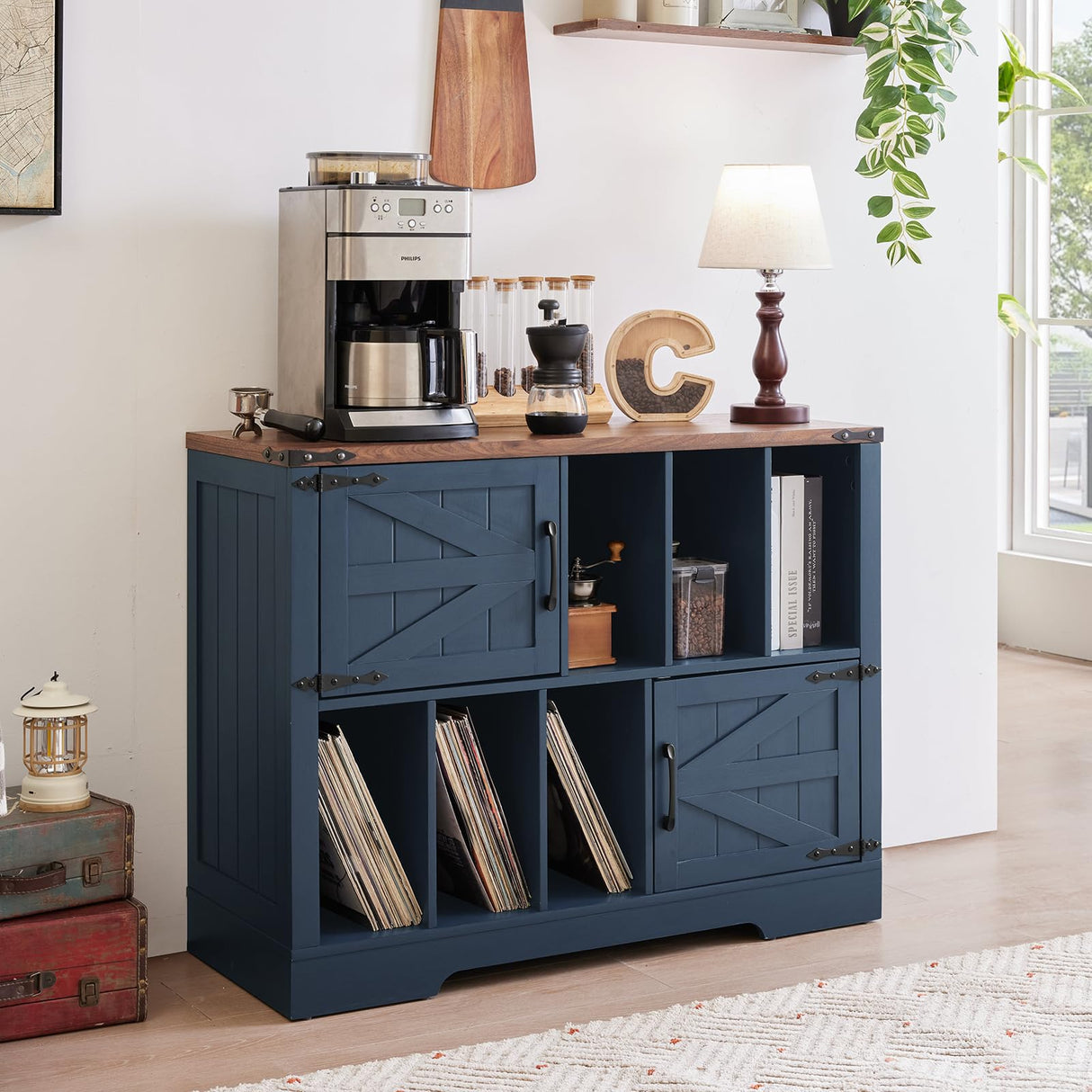 Joaxswe Large Record Player Stand with Vinyl Storage Up to 450 Albums, 39 Inch Farmhouse Wood Navy Blue Vinyl Records Storage Cabinet with Barn Doors, Mid-Century Turntable Stand for Living Room Joaxswe