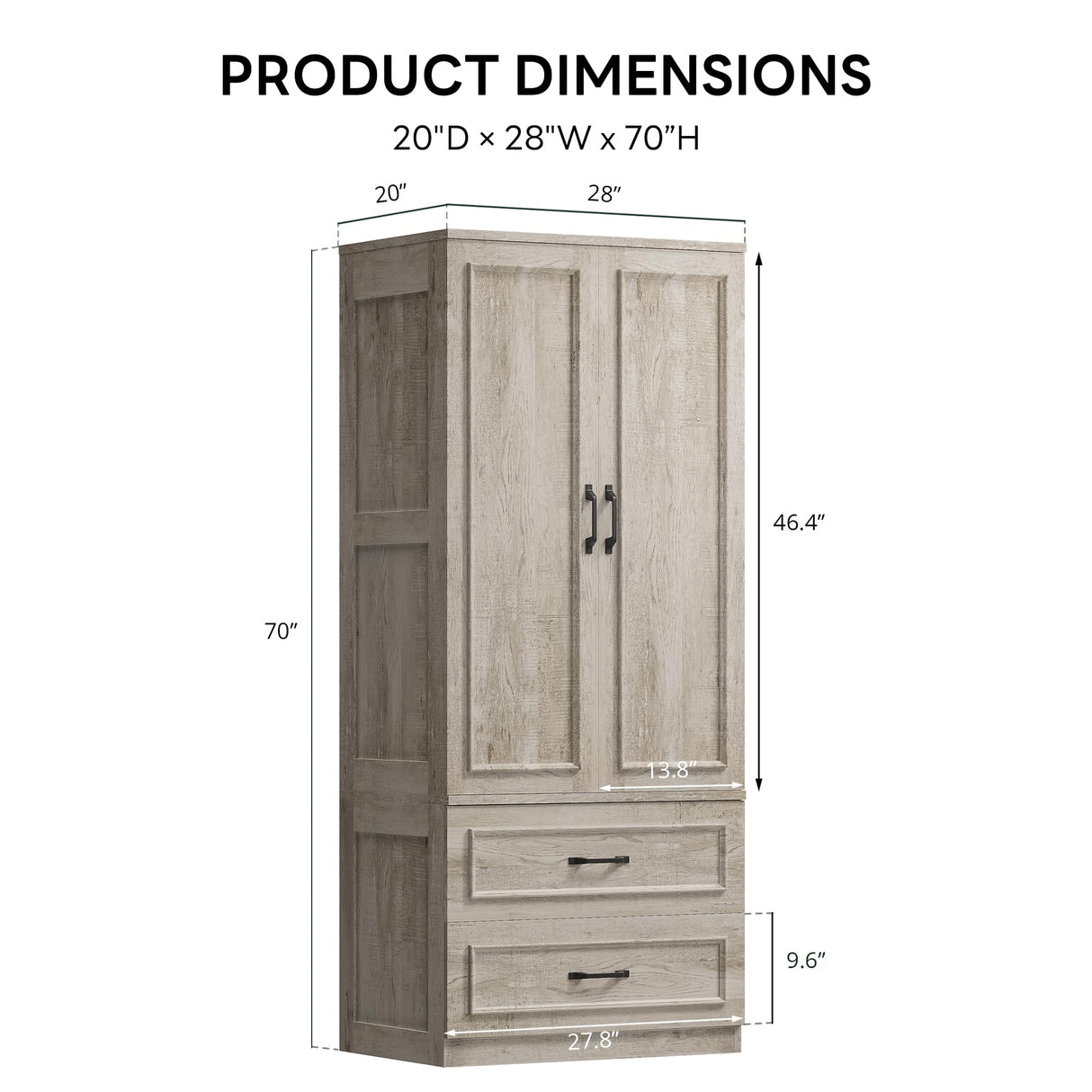 LIKIMIO Armoire Wardrobe Closet with 2 Doors and 2 Drawers 70" H x 28" W Wooden Bedroom Freestanding Wardrobe Combination for Hanging Clothes, Rustic Maple LIKIMIO
