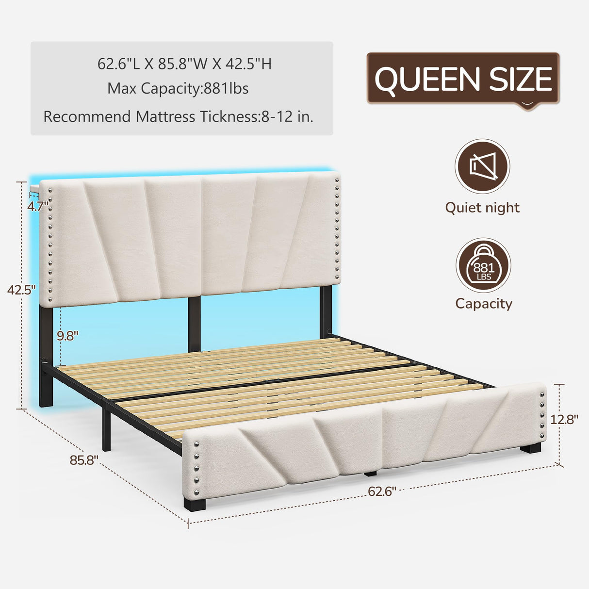 EnHomee Queen Bed Frame with Velvet Headboard and LED Lights, Storage Headboard with Charging Station, Bed Frame Queen Size with Sturdy Wooden Slats Support, Noise-Free, Easy Assembly, Beige EnHomee