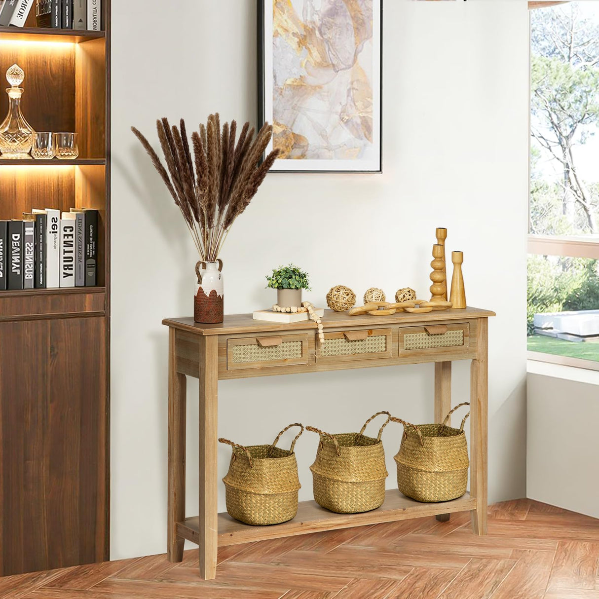 Wnutrees Farmhouse Console Table with 3 Rattan Drawers, 46" Long Narrow Boho Foyer Sofa Tables with Open Storage Shelves for Entryway,Hallway,Living Wnutrees