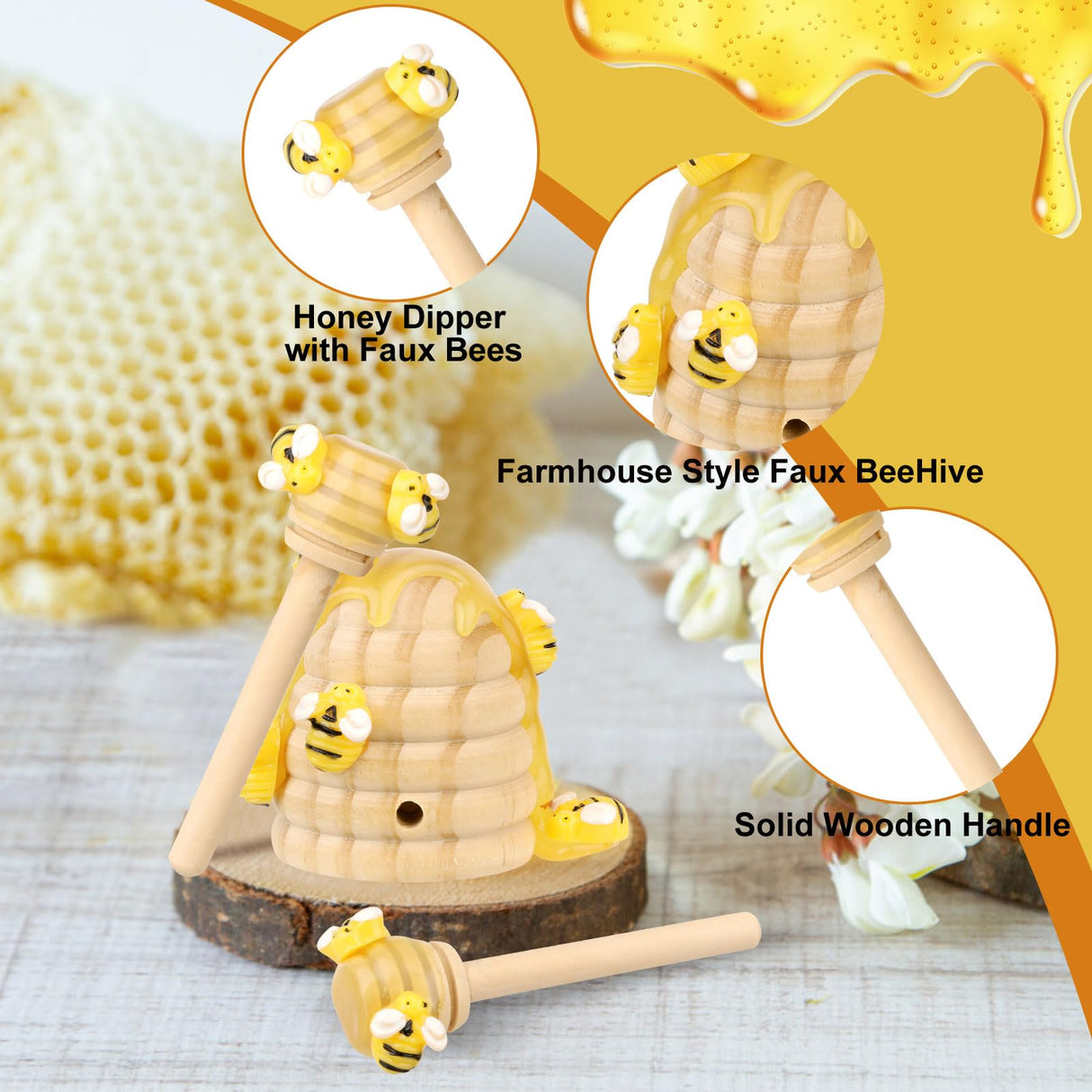 Honey Bee Spring Tiered Tray Decor, Bumblebee Party Decorations, Summer Farmhouse Beehive Decoration Set, 2 Mini Faux Bee Honey Dippers & 1 Fake Wooden Honeycomb Centerpiece, Bookshelf Table Decors WixiTool