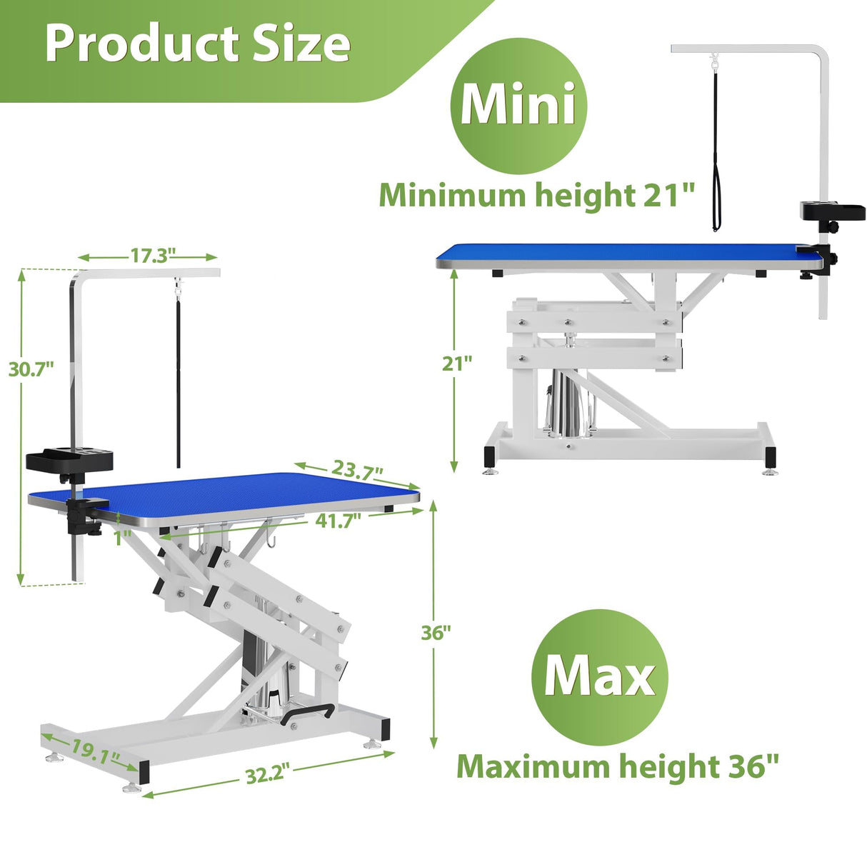 ROOMTEC 43" Hydraulic Pet Grooming Table w/Anti-Static Table Top, Heav Duty Z-Lift Dog Grooming Table/21-36 w/Armrests/Leash Covers/Tool Organiyzers/Hooks, Weight Capacity 330LBS (Blue) ROOMTEC