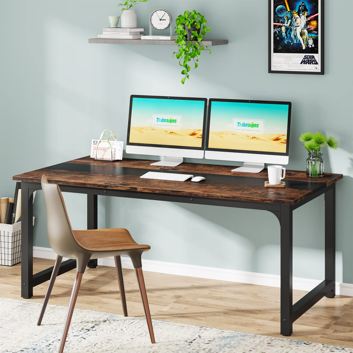 Tribesigns Modern Computer Desk, 63 x 31.5 inch Large Office Desk Computer Table Study Writing Desk Workstation for Home Office, Rustic/Black Tribesigns