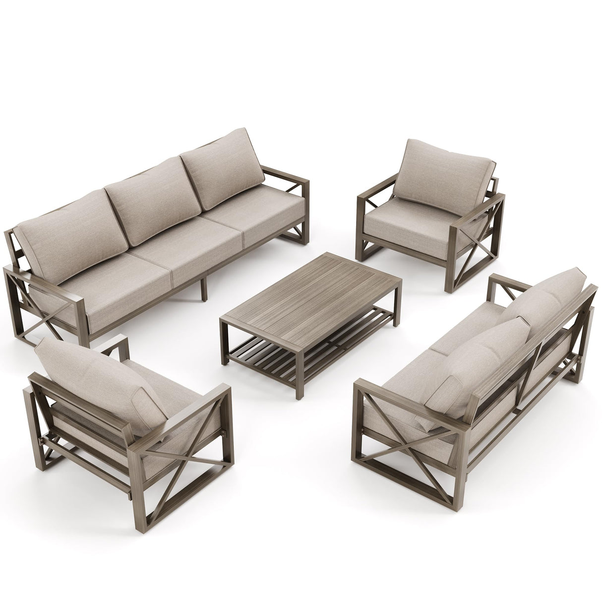 UDPATIO Faux Wood Grain Aluminum Patio Furniture Set 5 Pieces Modern Outdoor Furniture Patio Conversation Sets with Olefin Fabric Thick Cushions and Coffee Table, Include 600D Waterproof Cover UDPATIO