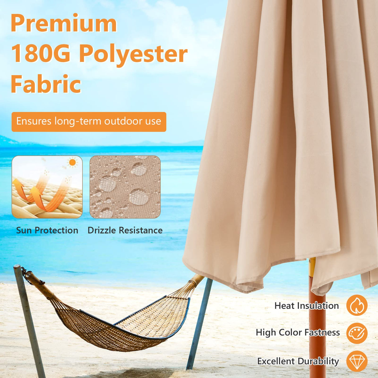 Tangkula 9.5 FT Pulley Lift Round Patio Umbrella, Wooden Market Umbrella W/Rope Pulley Mechanism, 8 Fiberglass Ribs, Portable Table Parasol, Outdoor Sun Umbrella for Garden, Yard, Deck, Pool (Beige) Tangkula