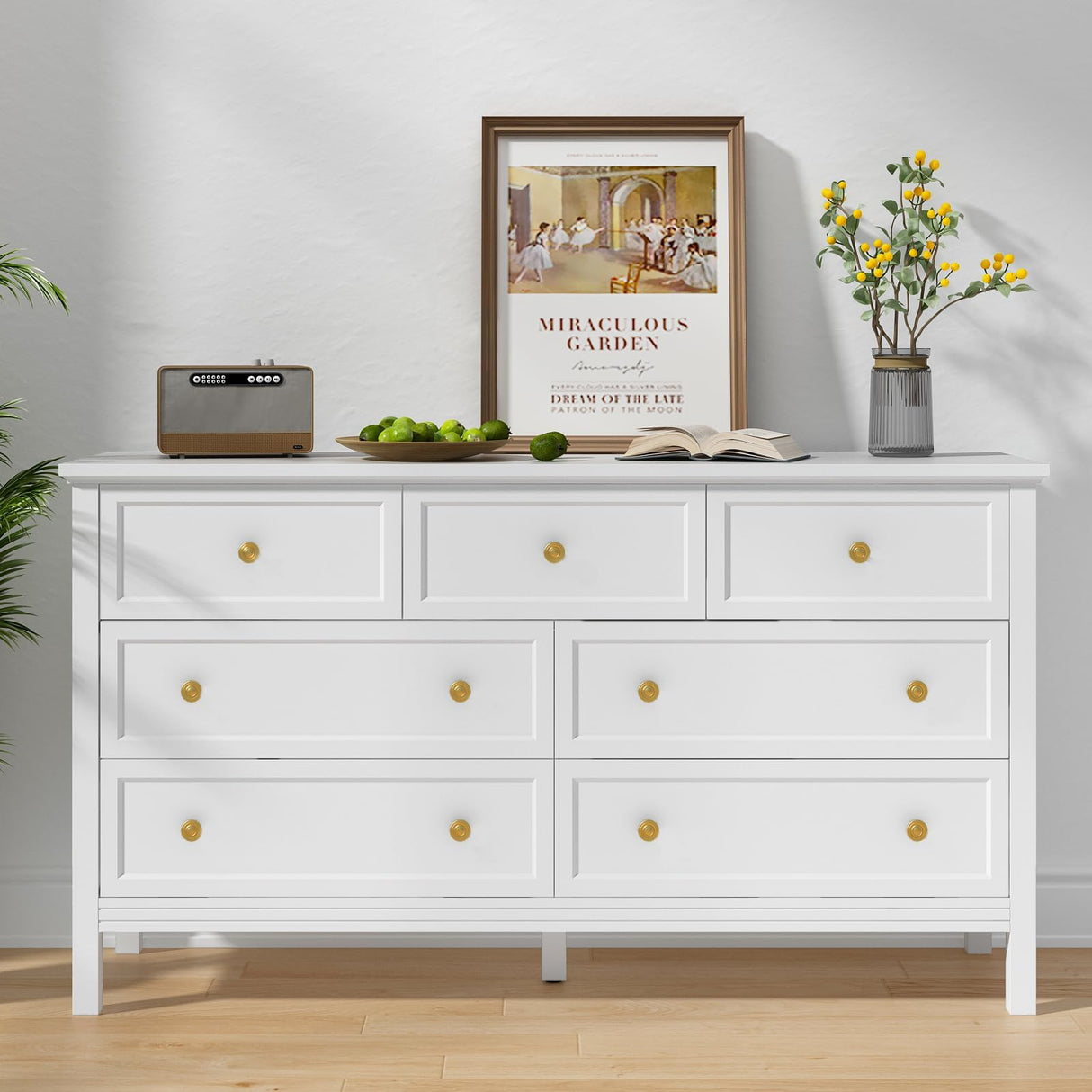 CARPETNAL White Dresser for Bedroom, 7 Drawer Dresser with Wide Drawers and Gold Metal Handles, 55" White and Gold Dresser TV Stand, Modern Dressers & Chests of Drawers for Hallyway, Entryway. CARPETNAL