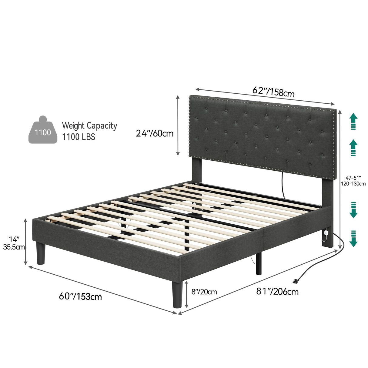 YITAHOME Queen Size LED Bed Frame with Adjustable Diamond Headboard & USB Ports in Grey YITAHOME