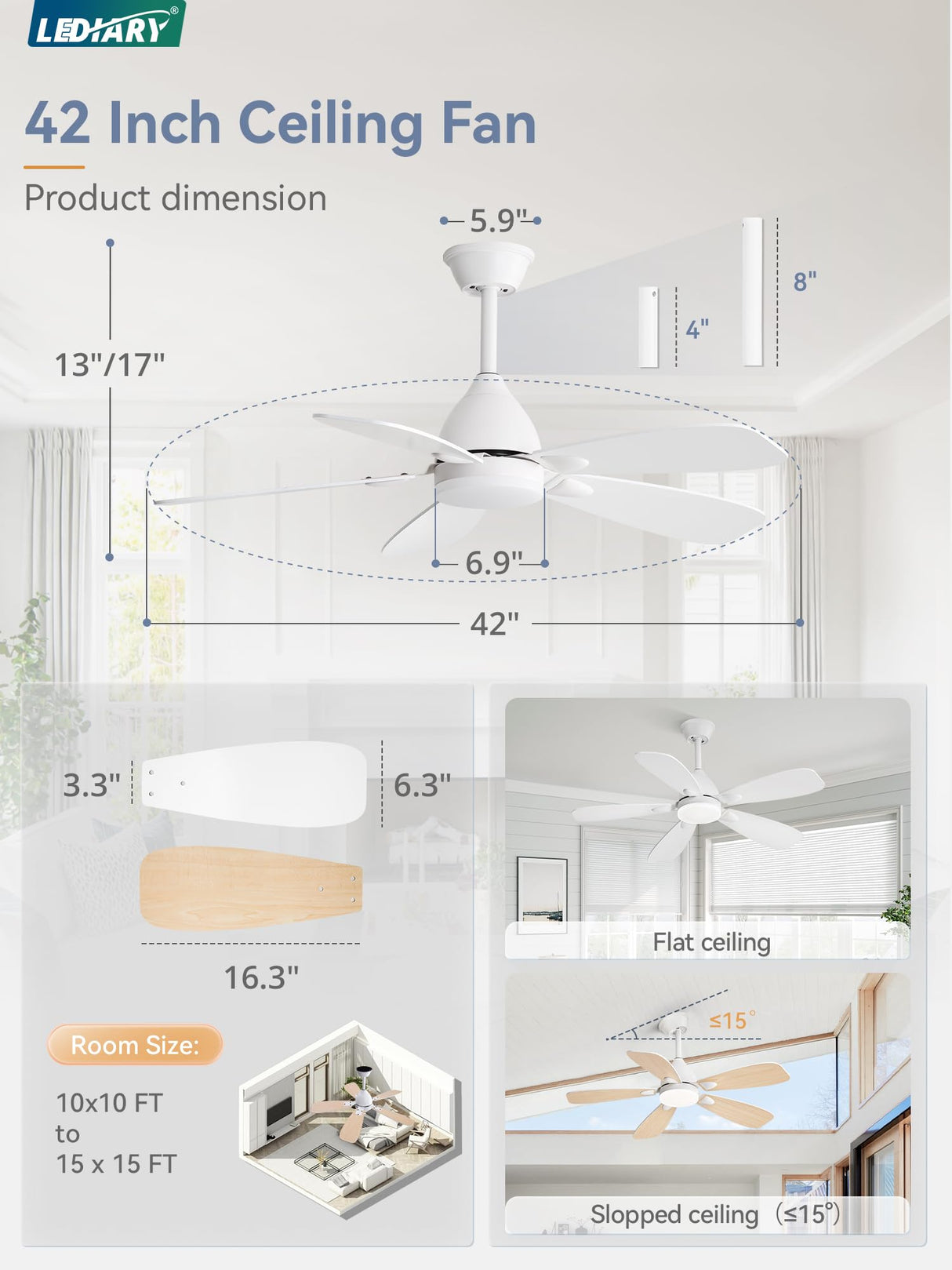 LEDIARY Ceiling Fans with Lights,42 inch Ceiling Fans with Lights and Remote,3CCT,6 Speeds,Reversible DC Motor,Noiseless,Small White Ceiling Fan for Bedroom Farmhouse and Patio,Indoor/Outdoor Use LEDIARY