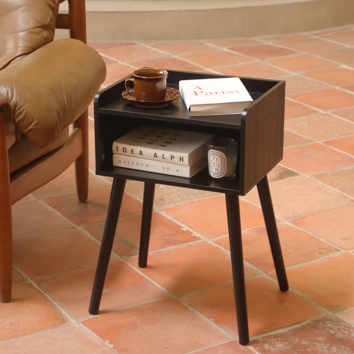 MaxSmeo Nightstand, Mid Century Modern Side Table Bedroom with Storage, Small End Bedside Table with Solid Wood Legs for Living Room, Office Small Spaces (Black) MaxSmeo