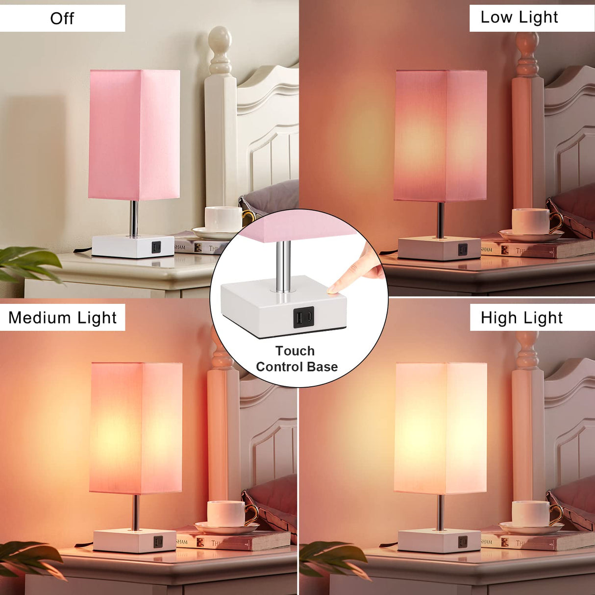Ambimall Touch Control Table Lamp with 2 USB Charging Ports, 3 Way Touch Lamps Beside Desk, Nightstand Lamp for Bedrooms Living Room, Pink Shade with White Base, LED Bulb Included(Pink) Ambimall