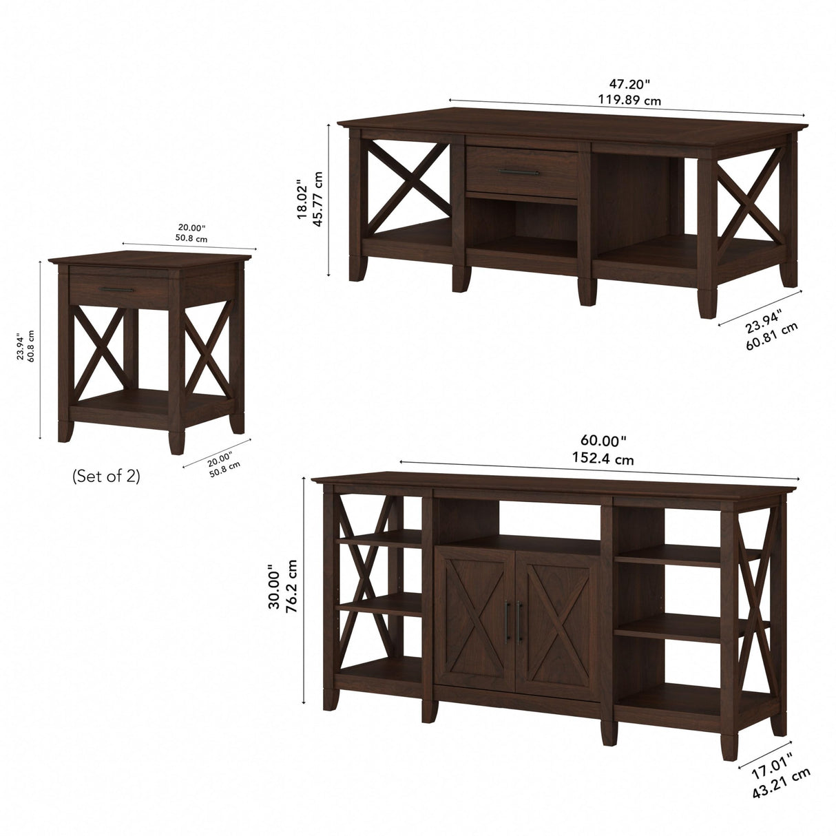 Bush Furniture Key West Tall TV Stand with Coffee Set of 2 End Tables, 24D x 60W x 30H, Bing Cherry Bush Business Furniture