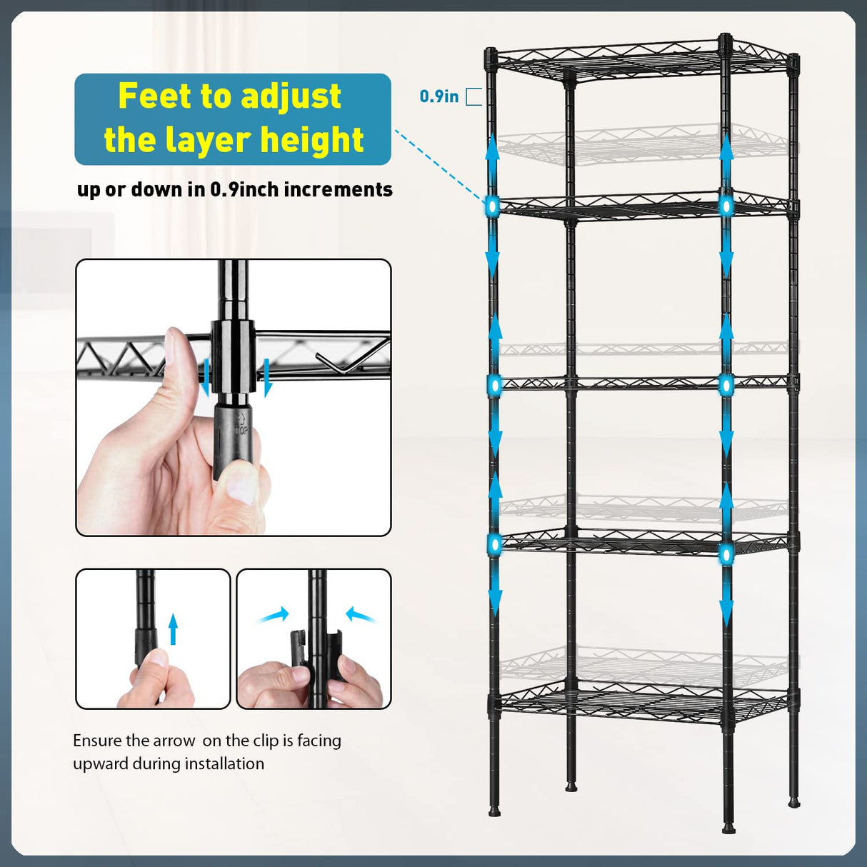 Adjustable NSF-Certified Metal Shelf Wire Shelving Unit Storage for Small Places Restaurant Garage Pantry Kitchen Garage Rack (Black, 16.7L×11.8W×47.6H) BestOffice