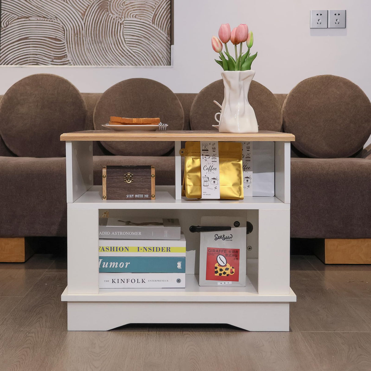 ALBAD Farmhouse Square Coffee Tables Rustic Living Room Center Table with Half Open Storage Space, White & Light Brown ALBAD
