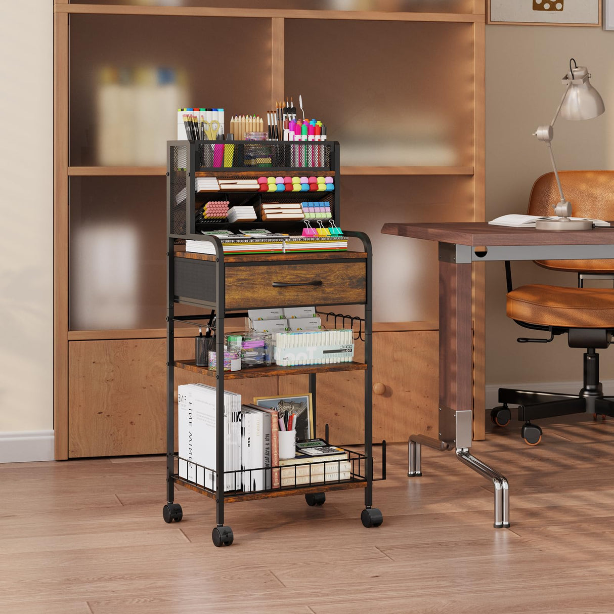 Homsorout Art cart, 3 Tier Rolling Cart - Utility Cart with Storage Drawer and Wheels, Versatile Art & Craft Organizer for Home, Office, or Studio Ideal for Storing Brushes, Paints (Brown) Homsorout